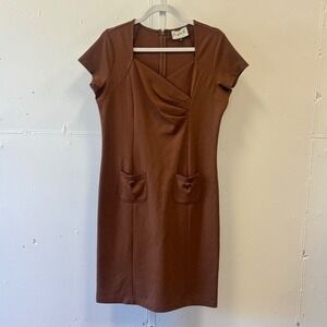 Mary McFadden Collection Brown Sweetheart Sheath Dress Pockets Size 12 Career